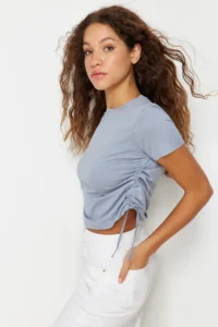 TRENDYOLMİLLA Gray 100% Cotton Crew Neck Shirred Basic Knitting T-Shirt - Image 3