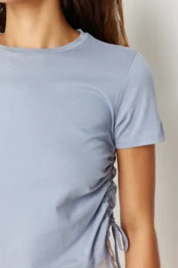 TRENDYOLMİLLA Gray 100% Cotton Crew Neck Shirred Basic Knitting T-Shirt - Image 5