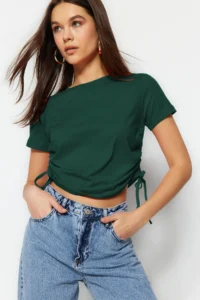 TRENDYOLMİLLA Emerald Green Ruffle Detailed Basic Crew Neck Knitting T-Shirt - Image 2