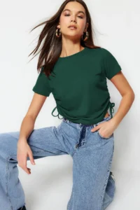 TRENDYOLMİLLA Emerald Green Ruffle Detailed Basic Crew Neck Knitting T-Shirt - Image 3