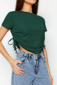 TRENDYOLMİLLA Emerald Green Ruffle Detailed Basic Crew Neck Knitting T-Shirt - Image 4