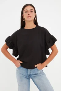 TRENDYOLMİLLA Black 100% Cotton Ruffle Detailed Basic Crew Neck Knitting T-Shirt