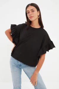 TRENDYOLMİLLA Black 100% Cotton Ruffle Detailed Basic Crew Neck Knitting T-Shirt - Image 2