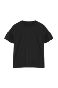 TRENDYOLMİLLA Black 100% Cotton Ruffle Detailed Basic Crew Neck Knitting T-Shirt - Image 6