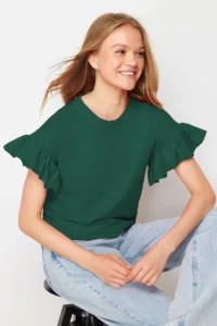 TRENDYOLMİLLA Emerald Green 100% Cotton Ruffle Detailed Basic Crew Neck Knitting T-Shirt - Image 2