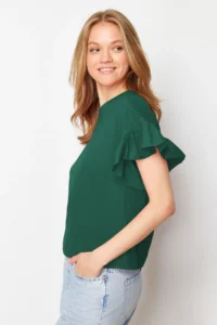 TRENDYOLMİLLA Emerald Green 100% Cotton Ruffle Detailed Basic Crew Neck Knitting T-Shirt - Image 3