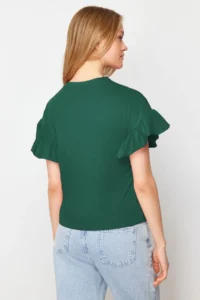 TRENDYOLMİLLA Emerald Green 100% Cotton Ruffle Detailed Basic Crew Neck Knitting T-Shirt - Image 4