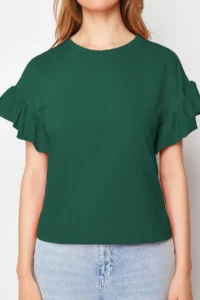 TRENDYOLMİLLA Emerald Green 100% Cotton Ruffle Detailed Basic Crew Neck Knitting T-Shirt - Image 6