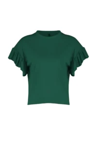 TRENDYOLMİLLA Emerald Green 100% Cotton Ruffle Detailed Basic Crew Neck Knitting T-Shirt - Image 7