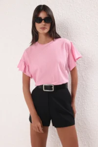 TRENDYOLMİLLA Pink 100% Cotton Ruffle Detailed Basic Crew Neck Knitting T-Shirt