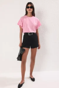 TRENDYOLMİLLA Pink 100% Cotton Ruffle Detailed Basic Crew Neck Knitting T-Shirt - Image 2