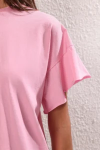 TRENDYOLMİLLA Pink 100% Cotton Ruffle Detailed Basic Crew Neck Knitting T-Shirt - Image 3