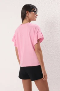 TRENDYOLMİLLA Pink 100% Cotton Ruffle Detailed Basic Crew Neck Knitting T-Shirt - Image 4