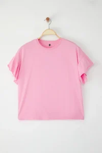 TRENDYOLMİLLA Pink 100% Cotton Ruffle Detailed Basic Crew Neck Knitting T-Shirt - Image 5