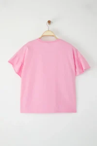 TRENDYOLMİLLA Pink 100% Cotton Ruffle Detailed Basic Crew Neck Knitting T-Shirt - Image 6