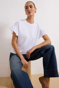 TRENDYOLMİLLA White 100% Cotton Ruffle Detailed Basic Crew Neck Knitting T-Shirt - Image 2