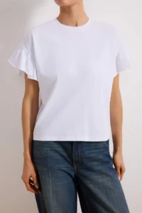 TRENDYOLMİLLA White 100% Cotton Ruffle Detailed Basic Crew Neck Knitting T-Shirt - Image 3