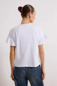 TRENDYOLMİLLA White 100% Cotton Ruffle Detailed Basic Crew Neck Knitting T-Shirt - Image 4