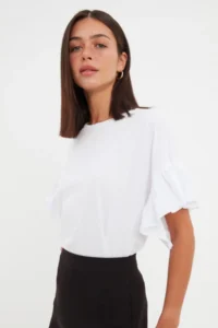 TRENDYOLMİLLA White 100% Cotton Ruffle Detailed Basic Crew Neck Knitting T-Shirt - Image 6