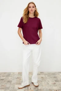 TRENDYOLMİLLA Dark Cherry 100% Cotton Basic Crew Neck Knitting T-Shirt - Image 2