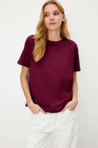 TRENDYOLMİLLA Dark Cherry 100% Cotton Basic Crew Neck Knitting T-Shirt - Image 3