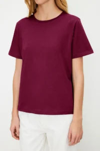 TRENDYOLMİLLA Dark Cherry 100% Cotton Basic Crew Neck Knitting T-Shirt - Image 4