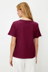 TRENDYOLMİLLA Dark Cherry 100% Cotton Basic Crew Neck Knitting T-Shirt - Image 6