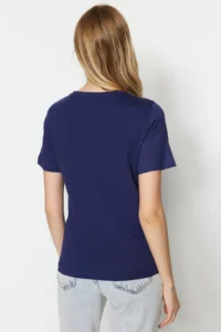TRENDYOLMİLLA Navy Blue 100% Cotton Basic Crew Neck Knitting T-Shirt - Image 5