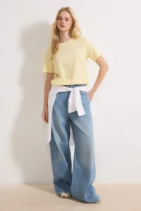 TRENDYOLMİLLA Light Yellow 100% Cotton Basic Crew Neck Knitting T-Shirt
