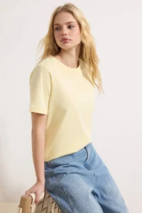 TRENDYOLMİLLA Light Yellow 100% Cotton Basic Crew Neck Knitting T-Shirt - Image 2