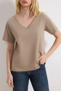 TRENDYOLMİLLA Mink 100% Cotton Basic V-neck Knitting T-Shirt - Image 3