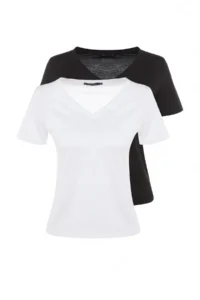 TRENDYOLMİLLA Black-White 100% Cotton 2 Sets Package Basic V-neck Knitting T-Shirt - Image 7