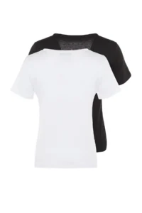 TRENDYOLMİLLA Black-White 100% Cotton 2 Sets Package Basic V-neck Knitting T-Shirt - Image 8