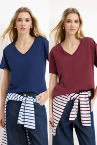 TRENDYOLMİLLA Burgundy-Navy Blue 100% Cotton 2 Sets Package Regular Pattern Basic V-neck Knitting T-Shirt
