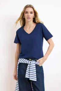 TRENDYOLMİLLA Burgundy-Navy Blue 100% Cotton 2 Sets Package Regular Pattern Basic V-neck Knitting T-Shirt - Image 2