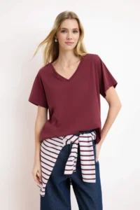 TRENDYOLMİLLA Burgundy-Navy Blue 100% Cotton 2 Sets Package Regular Pattern Basic V-neck Knitting T-Shirt - Image 5
