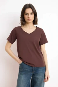 TRENDYOLMİLLA Ecru-Brown 100% Cotton 2 Sets Package Regular Pattern Basic V-neck Knitting T-Shirt - Image 2