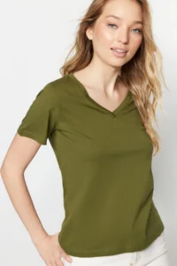TRENDYOLMİLLA Khaki-Beige 100% Cotton 2 Sets Package Basic V-neck Knitting T-Shirt - Image 2