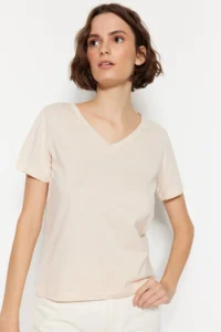 TRENDYOLMİLLA Khaki-Beige 100% Cotton 2 Sets Package Basic V-neck Knitting T-Shirt - Image 3