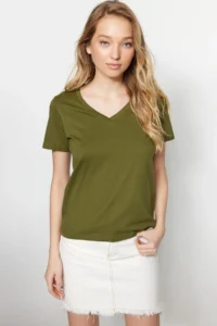 TRENDYOLMİLLA Khaki-Beige 100% Cotton 2 Sets Package Basic V-neck Knitting T-Shirt - Image 4
