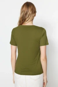 TRENDYOLMİLLA Khaki-Beige 100% Cotton 2 Sets Package Basic V-neck Knitting T-Shirt - Image 6