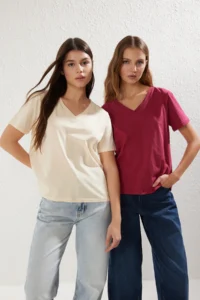 TRENDYOLMİLLA Burgundy-Multicolored 100% Cotton 2 Sets Package Regular Pattern Basic V-neck Knitting T-Shirt