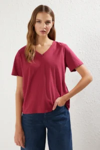 TRENDYOLMİLLA Burgundy-Multicolored 100% Cotton 2 Sets Package Regular Pattern Basic V-neck Knitting T-Shirt - Image 4