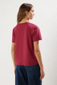 TRENDYOLMİLLA Burgundy-Multicolored 100% Cotton 2 Sets Package Regular Pattern Basic V-neck Knitting T-Shirt - Image 7