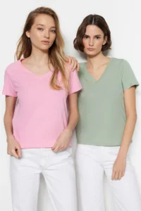 TRENDYOLMİLLA Pink-Mint 100% Cotton 2 Sets Package Basic V-neck Knitting T-Shirt