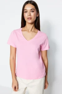 TRENDYOLMİLLA Pink-Mint 100% Cotton 2 Sets Package Basic V-neck Knitting T-Shirt - Image 2