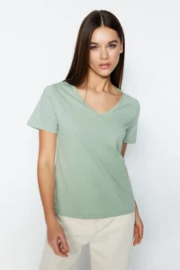 TRENDYOLMİLLA Pink-Mint 100% Cotton 2 Sets Package Basic V-neck Knitting T-Shirt - Image 3