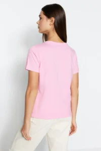 TRENDYOLMİLLA Pink-Mint 100% Cotton 2 Sets Package Basic V-neck Knitting T-Shirt - Image 6