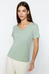 TRENDYOLMİLLA Pink-Mint 100% Cotton 2 Sets Package Basic V-neck Knitting T-Shirt - Image 7
