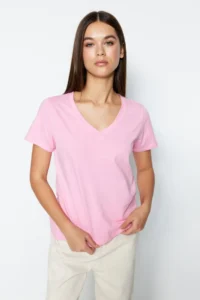 TRENDYOLMİLLA Pink-Mint 100% Cotton 2 Sets Package Basic V-neck Knitting T-Shirt - Image 8